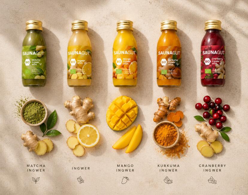 BIO - INGWER SHOT Mix-Paket- 24 x 60 ml  ( 5x Cranberry - Ingwer, 5x Doubleshot - Ingwer, 5x Kurkuma - Ingwer, 5x Mango - Ingwer , 4x Matcha - Ingwer)